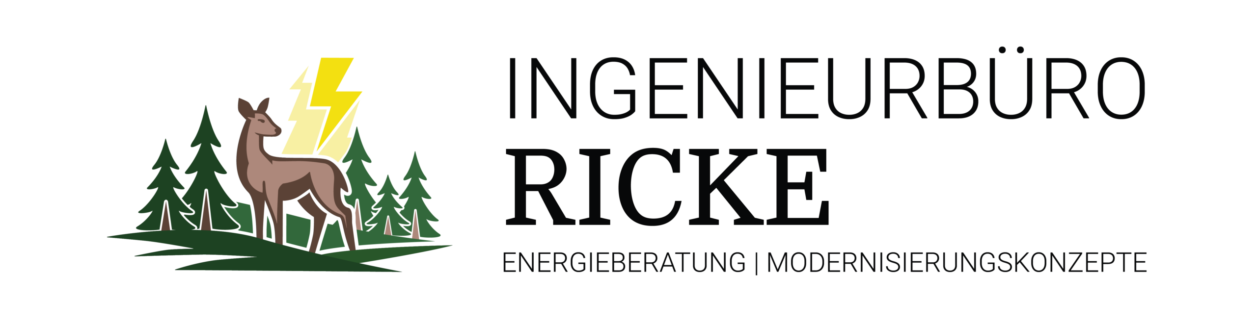 Wort-Bild-Marke von Ingenierbüro Ricke. Ein Reh steht vor einem Wald. Am Himmel ist ein gelber Blitz zu sehen. Rechts davin steht geschrieben "Ingenierbüro Ricke; Energieberatung, Modernisierungskonzepte".